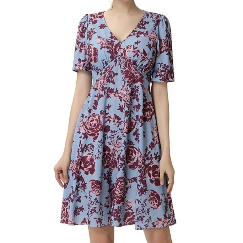 Kimi and Kai Blue Floral Dress with Burgundy Print